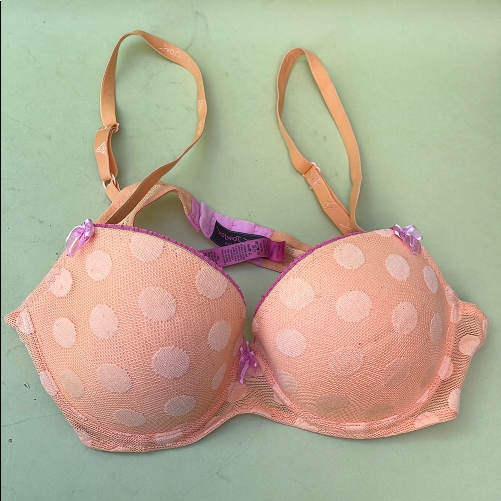 Peach Polka Dot Betsey Johnson Bra with Purple Accents